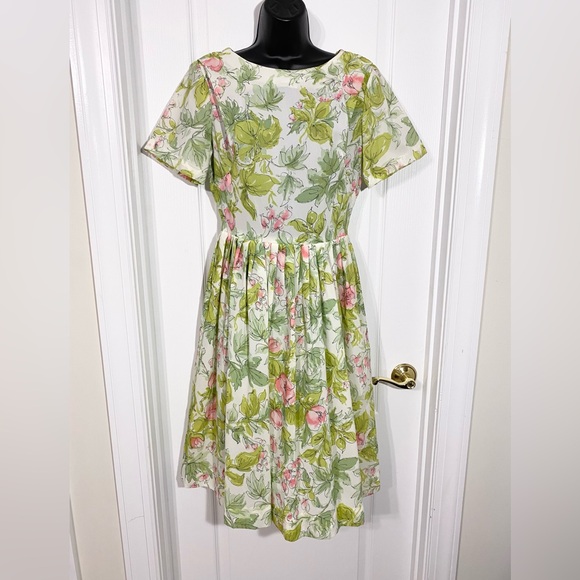 Vintage Dresses & Skirts - 60s Styled by Fran Classic Floral Pleated Midi Day Dress Vintage Green Pink 14